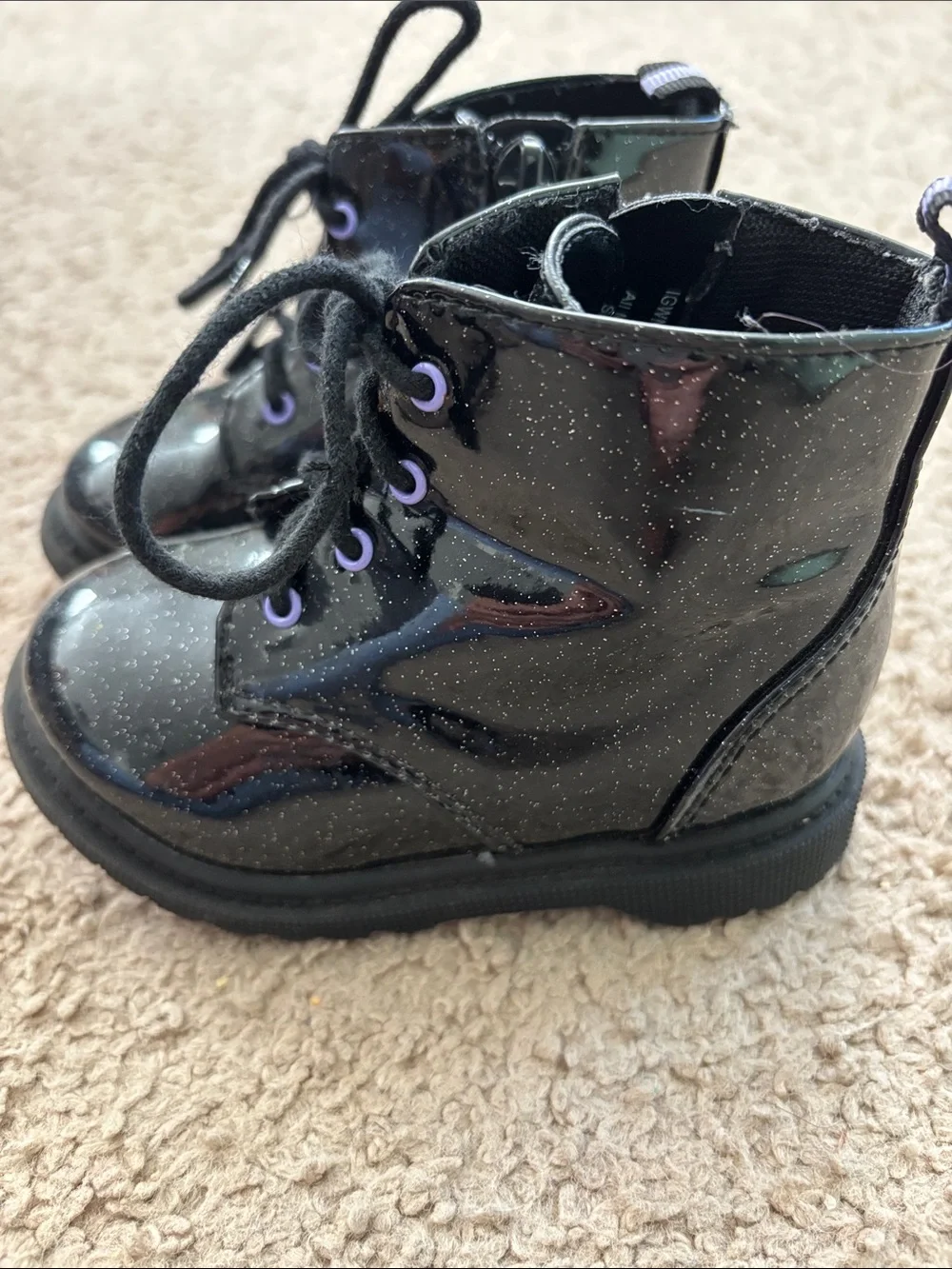 wonder nation Black Glitter Patent Lace-Up Ankle Boots with Purple Eyelets
